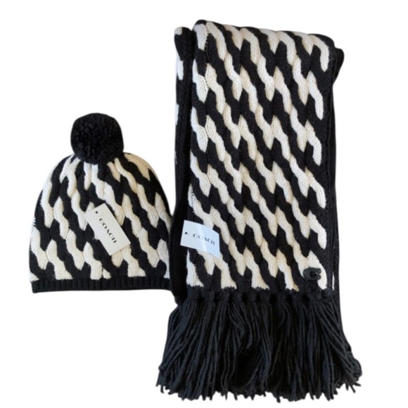 Coach Women's NWT Two Tone Cable knit Fringe Trim Scarf and Beanie Hat Set - Picture 7 of 8